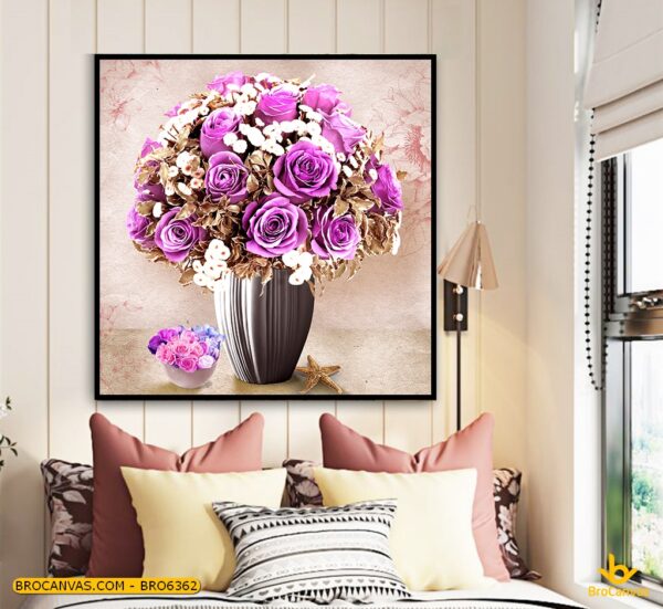 BRO6362 Tranh Treo Tường Bình Hoa Hồng Tím Sơn Dầu