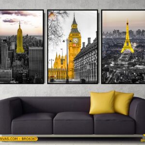 BRO6367 Tranh Thành Phố Paris Tháp Eiffel Nhà Thờ Đức Bà Vàng Đen