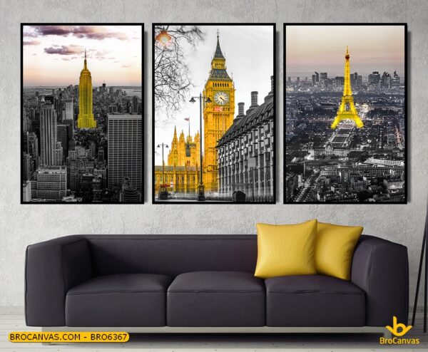 BRO6367 Tranh Thành Phố Paris Tháp Eiffel Nhà Thờ Đức Bà Vàng Đen