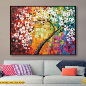 BRO6379 Tranh Treo Tường Sơn Dầu Cành Đào Trắng In Canvas