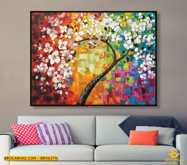 BRO6379 Tranh Treo Tường Sơn Dầu Cành Đào Trắng In Canvas
