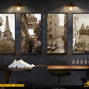 BRO6404 Tranh Thành Phố Phong Cảnh Paris Nước Pháp Đen Trắng 4 Tấm