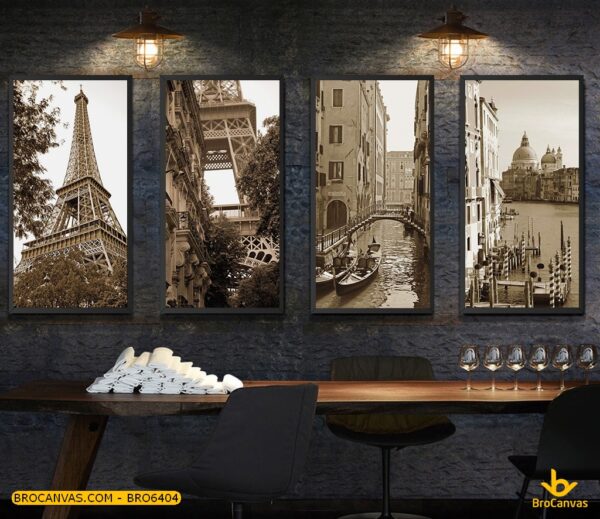 BRO6404 Tranh Thành Phố Phong Cảnh Paris Nước Pháp Đen Trắng 4 Tấm