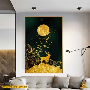 BRO6409 Tranh Chú Hươu Và Đàn Chim Vàng Dưới Ánh Trăng Đêm
