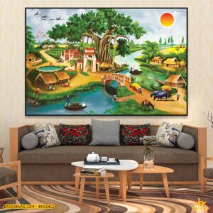 BRO6412 Tranh Cảnh Quê Hương Cây Đa Đình Làng Hộp Chợ