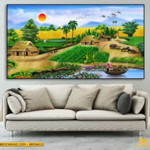 BRO6413 Tranh Phong Cảnh Quê Hương Đồng Lúa Con Sông Xưa