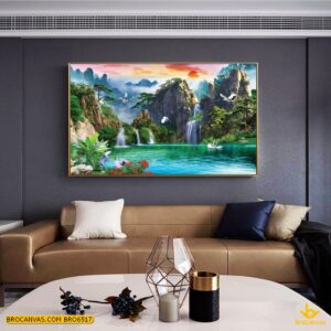BRO6517 Tranh Sơn Thủy Thác Nước Và Đàn Hạc Trắng