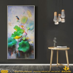 BRO6590 Tranh Hoa Sen Và Chim Đậu Trên Lá Sen Sơn Dầu In Canvas