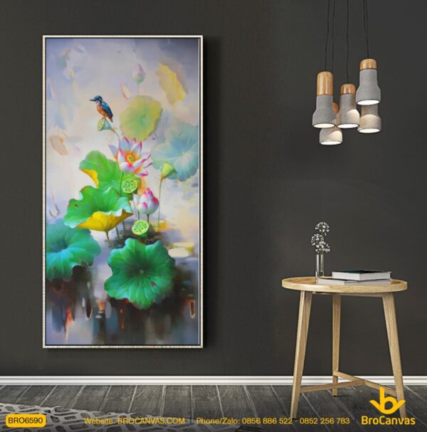 BRO6590 Tranh Hoa Sen Và Chim Đậu Trên Lá Sen Sơn Dầu In Canvas
