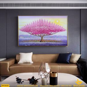 BRO6592 Tranh Sơn Dầu Cánh Đồng Và Cây Hoa Tím Đẹp