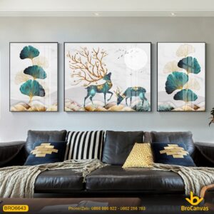Tranh Canvas 2 Chú Hươu Yêu Thương Và Lá Bạch Quả Xanh Ngọc BRO6643