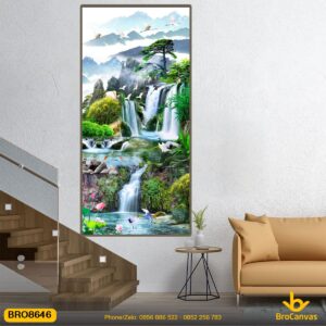 Tranh Canvas Sơn Thủy Treo Tường Thác Nước Đàn Hạc BRO8646