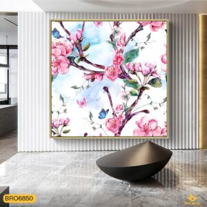 Tranh Hoa Đào Vẽ Màu Nước In Canvas Trang Trí Tường Hiện Đại BRO6850