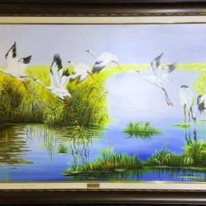 Tranh Sơn Dầu Những Chú Chim Hạc Phía Sau Bụi Lau VT057