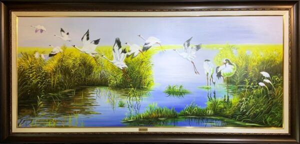 Tranh Sơn Dầu Những Chú Chim Hạc Phía Sau Bụi Lau VT057