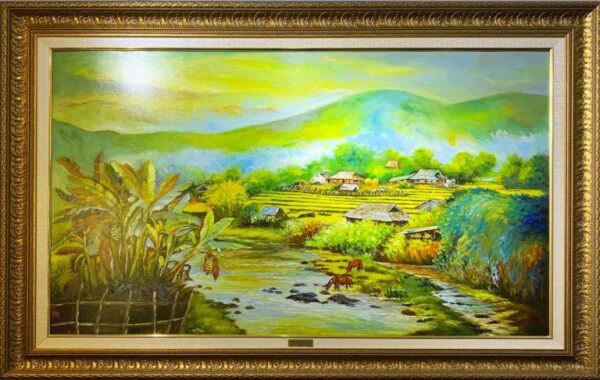 Tranh Sơn Dầu Phong Cảnh Trung Du Miền Núi Ngôi Làng Bên Suối VT062