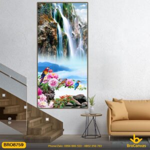 Tranh Sơn Thủy Thác Nước Hoa Mẫu Đơn & Chim Vẹc BRO8759