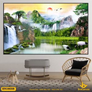 Tranh Treo Tường Phong Cảnh Sơn Thủy Đẹp Đàn Cò Và Sông Núi BRO8008
