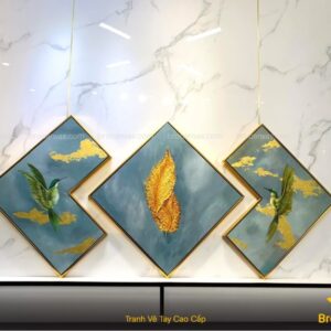 Tranh Vẽ Tay Acrylic Dát Vàng Lông Vũ Và Cặp Chim VT008