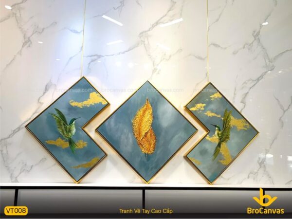 Tranh Vẽ Tay Acrylic Dát Vàng Lông Vũ Và Cặp Chim VT008