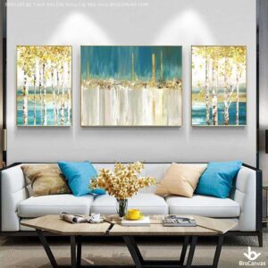 BRO4285 Bộ Tranh Sơn Dầu Rừng Cây Nhũ Vàng