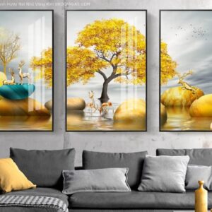 BRO4366 Bộ Tranh Hươu Nai 3D Nhũ Vàng Kim