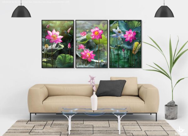 BRO4639 Bộ Ba Tranh Hoa Sen Tràn Đầy Sức Sống