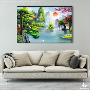 BRO4681 Tranh Sơn Dầu Phong Cảnh Sông Núi
