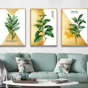BRO5266 Tranh Trang Trí Decor Lá Cây Xanh Nền Nhũ Vàng Cao Cấp