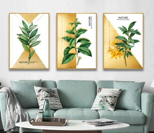 BRO5266 Tranh Trang Trí Decor Lá Cây Xanh Nền Nhũ Vàng Cao Cấp