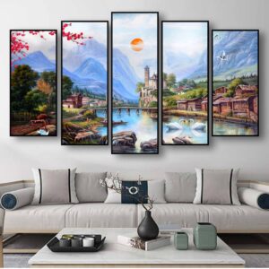 BRO5282 Tranh Phong Cảnh Bộ Ghép 5 Tấm Phong Thủy Sơn Thủy Sông Nước & Cặp Thiên Nga