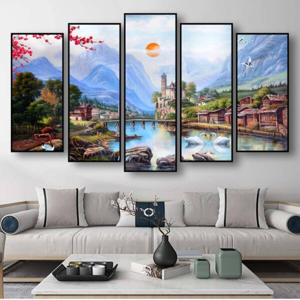 BRO5282 Tranh Phong Cảnh Bộ Ghép 5 Tấm Phong Thủy Sơn Thủy Sông Nước & Cặp Thiên Nga