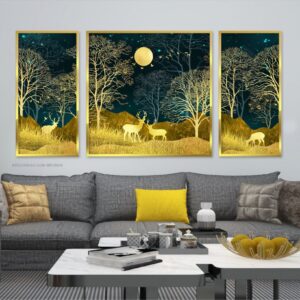 BRO5528 Bộ ba tranh hươu nai trong đêm đầy sao