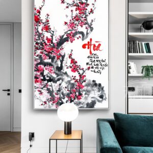 BRO5567 Tranh Canvas Thư Pháp Chữ Hòa Và Cành Đào