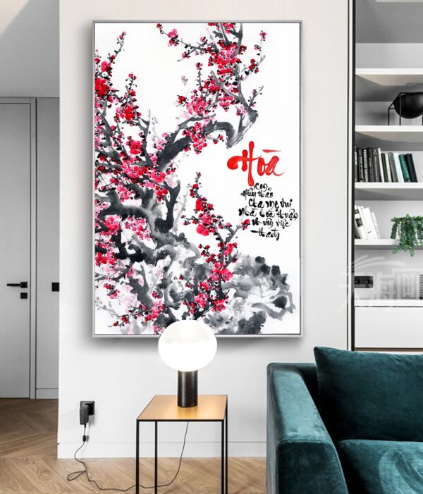 BRO5567 Tranh Canvas Thư Pháp Chữ Hòa Và Cành Đào