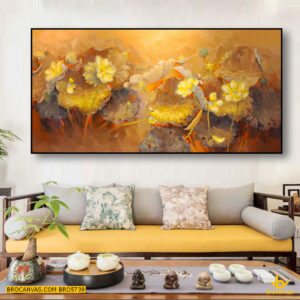 BRO5739 Tranh Hoa Sen Cổ Điển Màu Vàng Đồng Nghệ Thuật