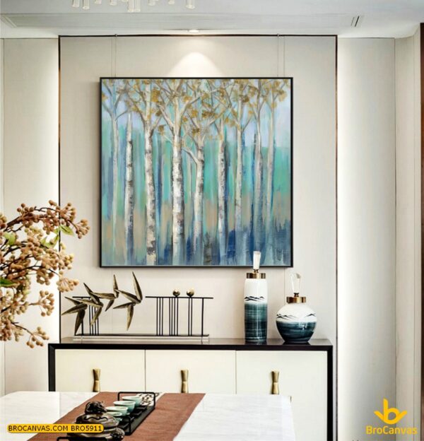 BRO5911 Tranh Canvas Hàng Cây Bạch Dương Sơn Dầu Xanh