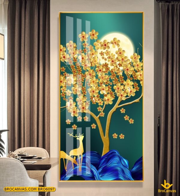 BRO6097 Tranh Canvas Chú Hươu Dưới Gốc Cây Mai Vàng Và Ánh Trăng