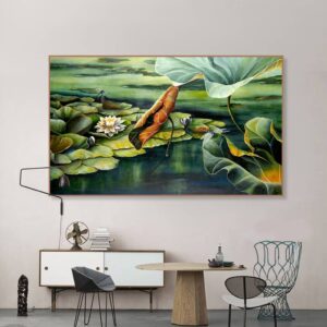 BROH5238 Tranh Lá Sen Xanh Sơn Dầu Trong Đầm
