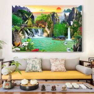 BROH5348 Tranh Phong Cảnh Treo Tường Sơn Thủy Những Ngôi Nhà Bên Dòng Thác Nước