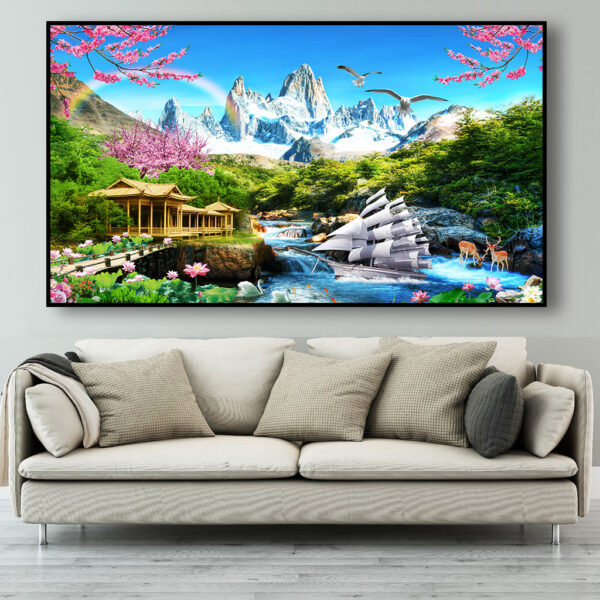 BROH5349 Tranh Phong Cảnh Trang Trí Sơn Thủy Ngọn Núi Tuyết Và Dòng Sông