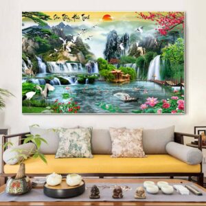 BROH5353 Tranh Canvas Phong Cảnh Sơn Thủy Hữu Tình Và Ông Lão Đánh Cá