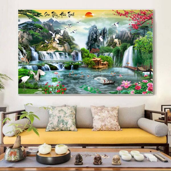 BROH5353 Tranh Canvas Phong Cảnh Sơn Thủy Hữu Tình Và Ông Lão Đánh Cá