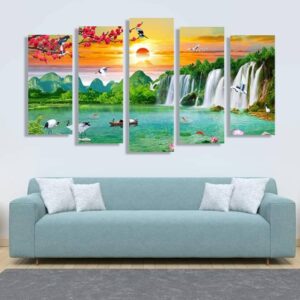 BROH5356 Tranh Canvas Treo Tường Thác Nước & Cành Đào