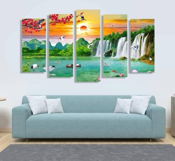 BROH5356 Tranh Canvas Treo Tường Thác Nước & Cành Đào