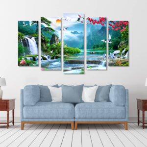 BROH5357 Tranh Phong Cảnh Treo Tường Sơn Thủy Thác Nước & Cành Đào Xuân