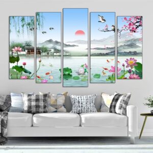 BROH5358 Tranh Phong Cảnh Sơn Thủy Đầm Sen & Những Ngọn Núi