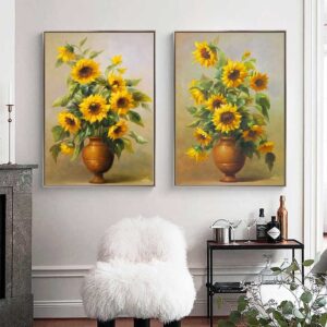 BROH5360 Bộ Tranh Canvas 2 Bình Hoa Hướng Dương Vẽ Sơn Dầu