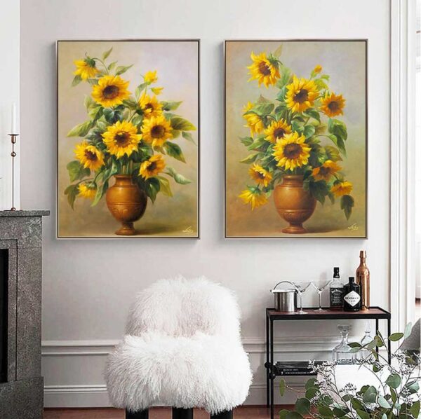 BROH5360 Bộ Tranh Canvas 2 Bình Hoa Hướng Dương Vẽ Sơn Dầu