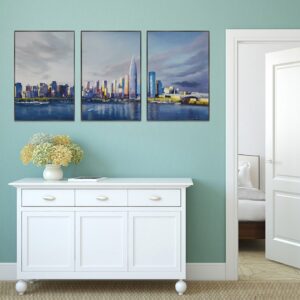 BROP4815 Tranh Canvas Thành Phố Cao Tầng Bên Sông 3 Tấm